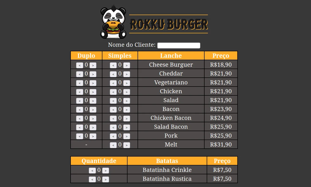 Menu para realização do pedido